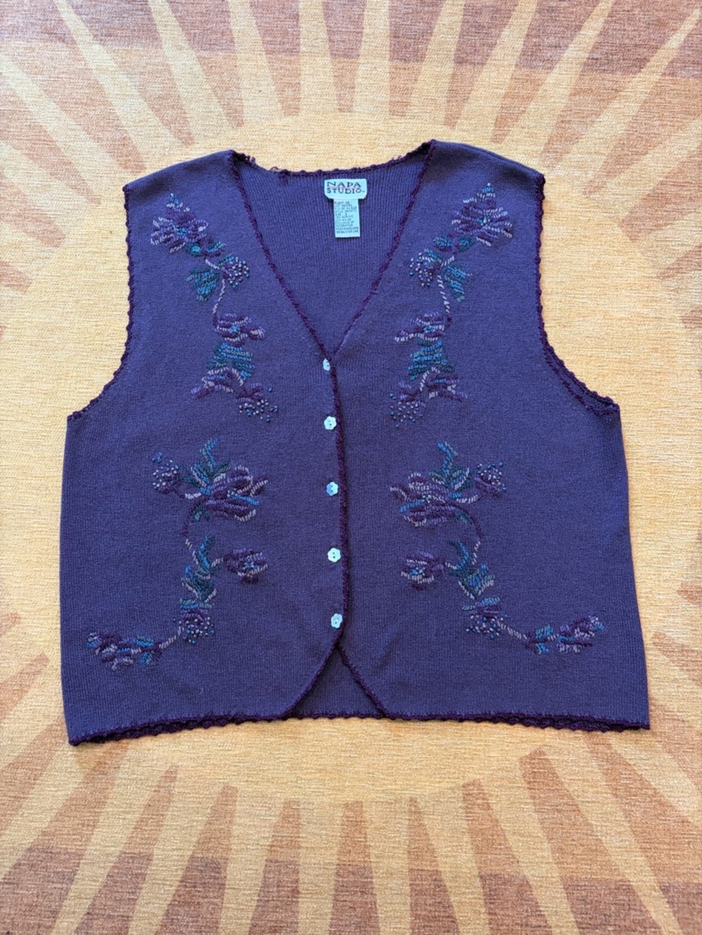Napa Studio Vintage Plum Embroidered Knit Vest - Floral Button Front